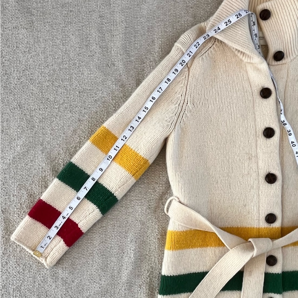 Liz Claiborne Vtg lambs wool blend tie waist sweater, Hudson Bay stripe design - Picture 7 of 16
